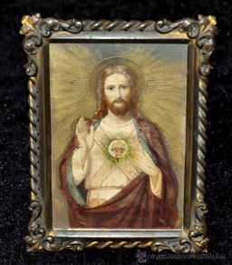 Arte: IMAGEN PINTADA DEL SAGRADO CORAZÓN DEL SIGLO XIX. CON MARCO ORIGINAL DE ÉPOCA